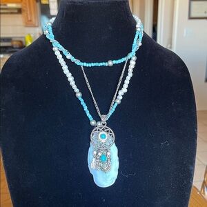 Turquoise and Silver Dreamcatcher Necklace ( hand made )